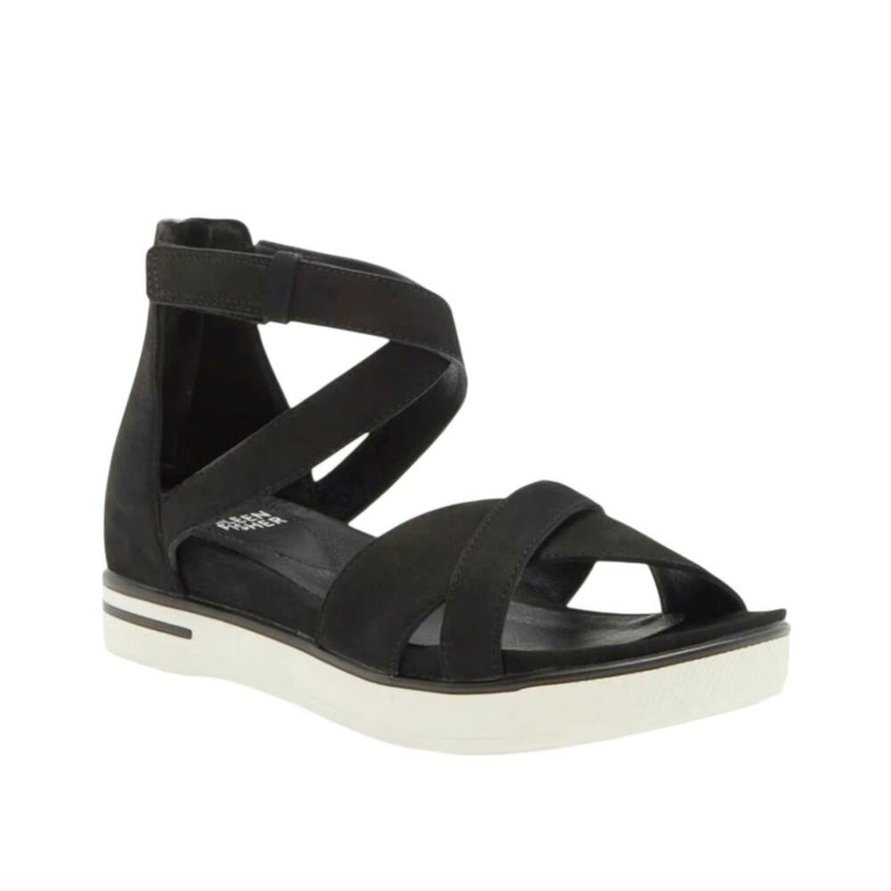 Eileen Fisher Sally black white criss cross strappy wedge platform sandals 8.5